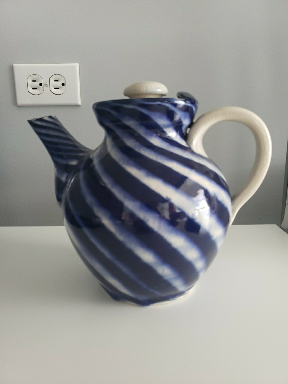 A.V. Smith Blue And White Swirl Pitcher With Removable Lid Signed Bottom